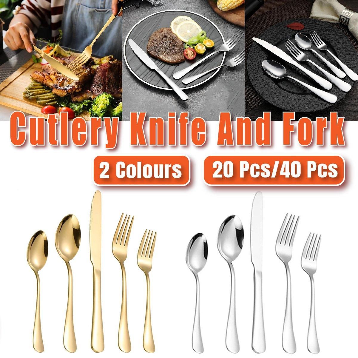 20/40pcs Stainless Steel Cutlery Set Knife Fork Spoon Western Hotel Tableware - Silver-20pcs