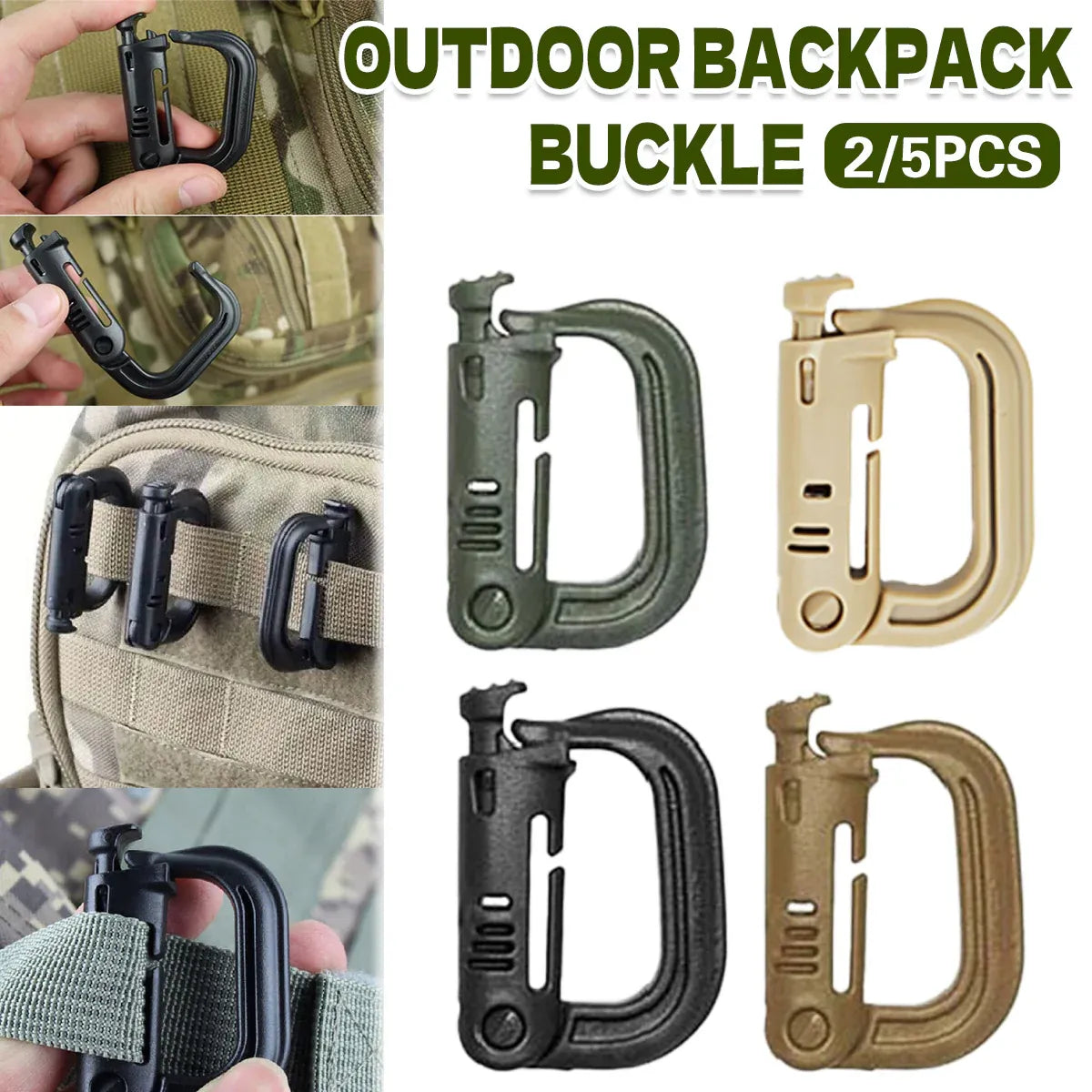 2/5pcs Outdoor D-ring Buckle for Backpack Mountaineering Hiking Camping Clip - 5pcs-Black