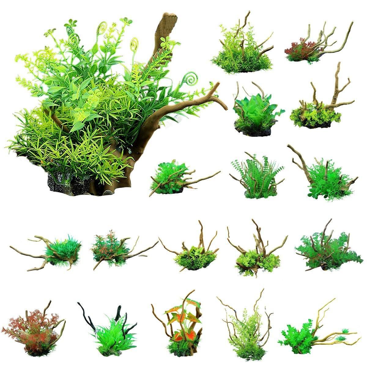 Aquarium Landscaping Decoration Artificial Wood and Plants Fish Tank Ornament - CM2402-Green