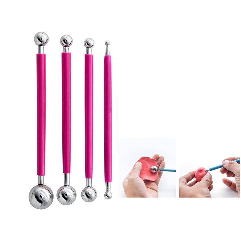 4X Fondant Cake Flower Decorating Clay Sugarcraft Ball Engraved Embossing Stick - Hot pink