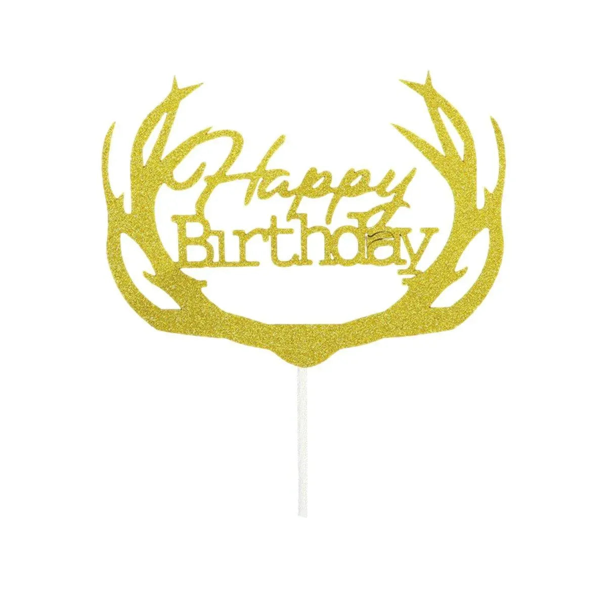 Happy Birthday Cake Topper Colour Printed Acrylic Party Decorations - Gold-Deer