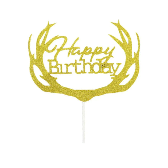 Happy Birthday Cake Topper Colour Printed Acrylic Party Decorations - Gold-Deer