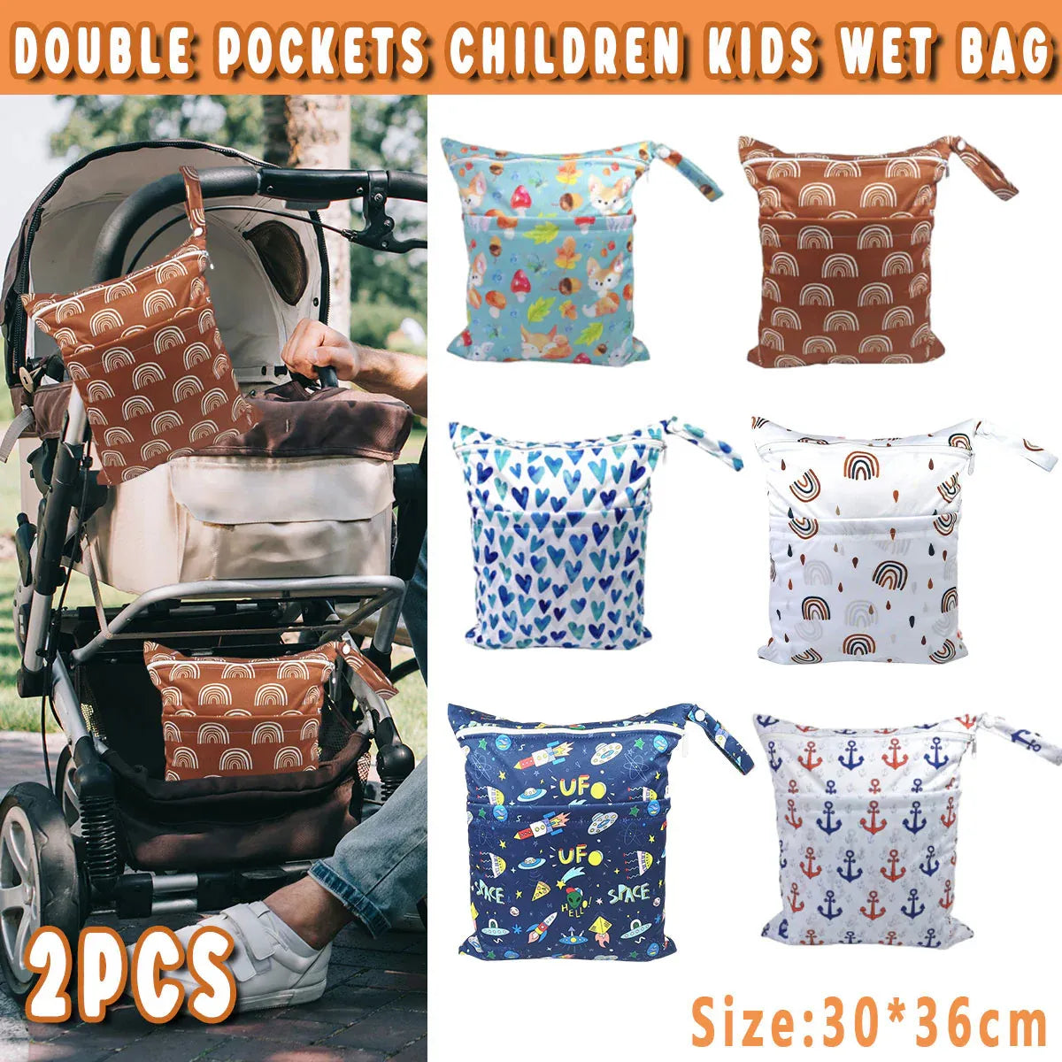 2PCS Cartoon Printed Diaper Bag Double Zipper Washable Organizer Blue Heart
