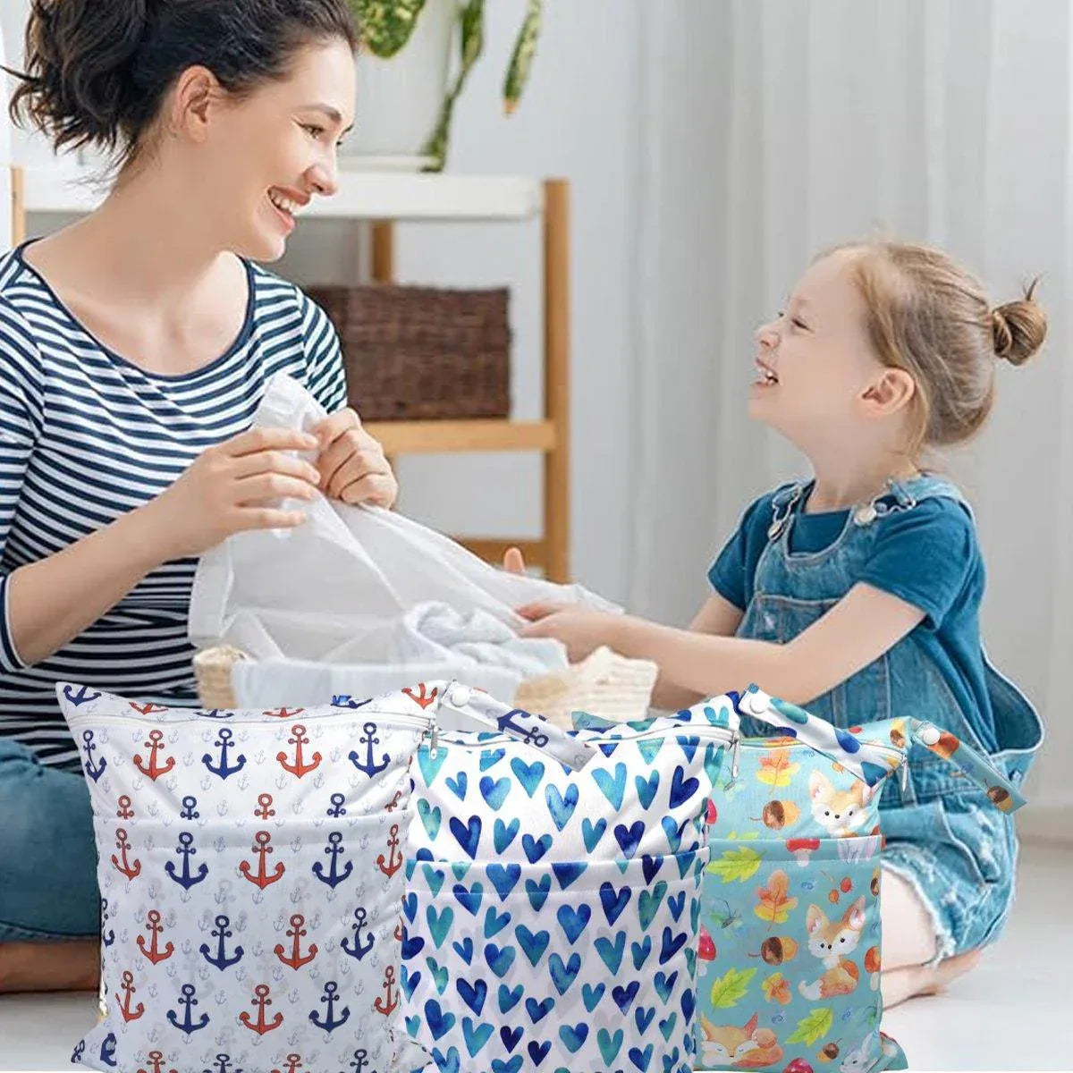 2PCS Cartoon Printed Diaper Bag Double Zipper Washable Organizer Blue Heart