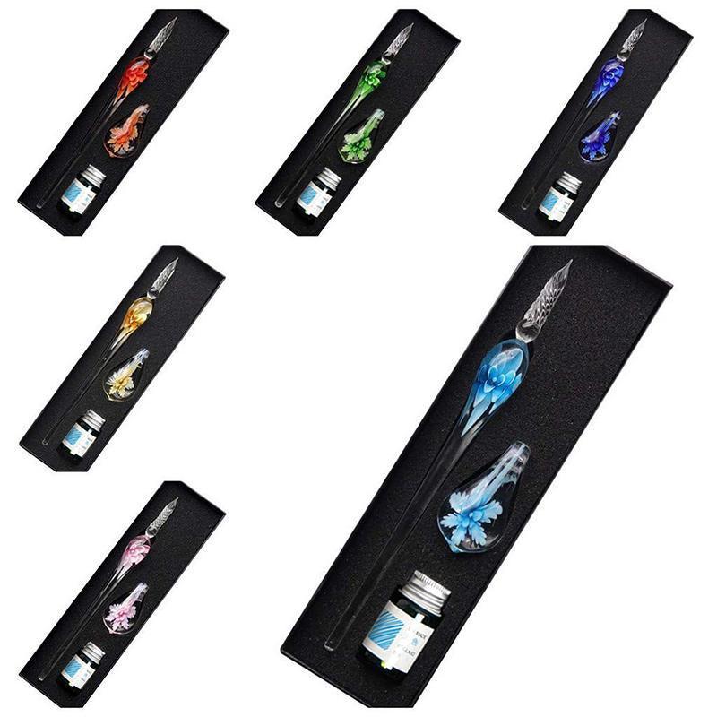 Crystal Flower Glass Dipping Dip Pen Writing Set Gift Pack Fountain Calligraphy - Blue