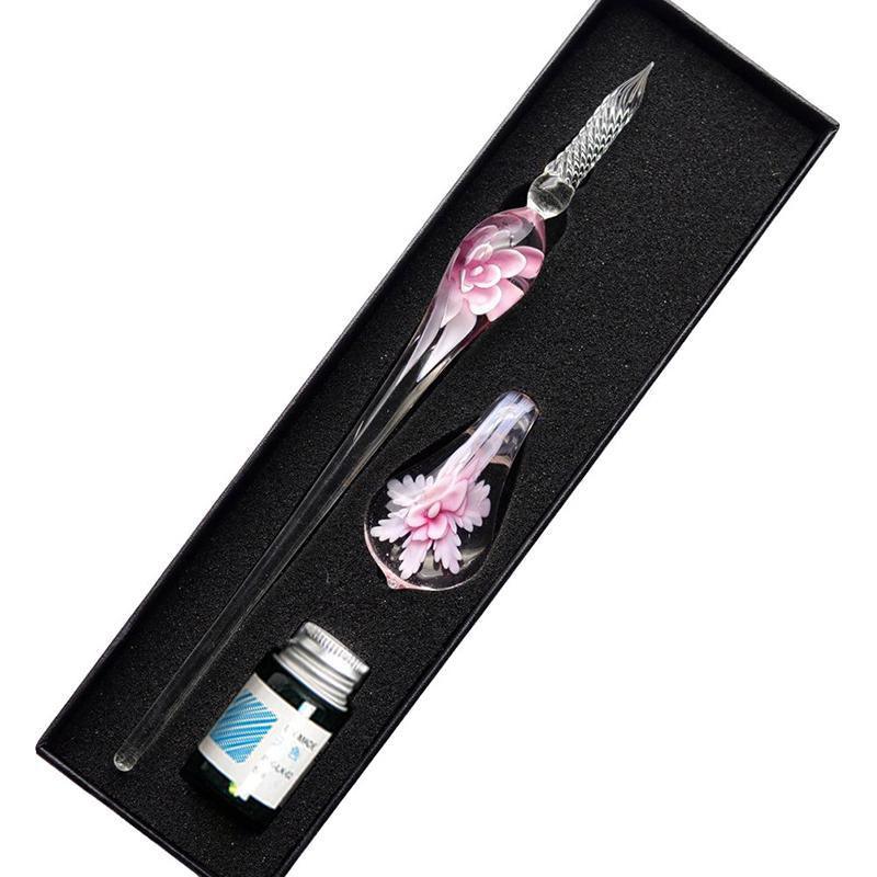 Crystal Flower Glass Dipping Dip Pen Writing Set Gift Pack Fountain Calligraphy - Blue