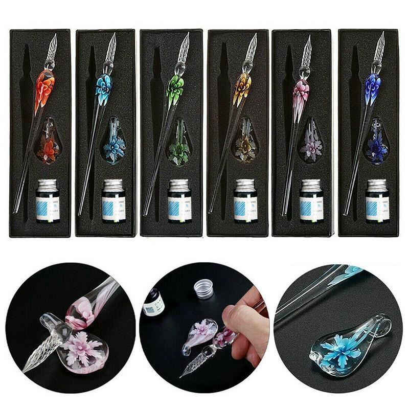 Crystal Flower Glass Dipping Dip Pen Writing Set Gift Pack Fountain Calligraphy - Blue