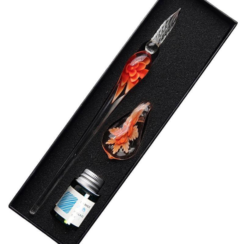 Crystal Flower Glass Dipping Dip Pen Writing Set Gift Pack Fountain Calligraphy - Blue