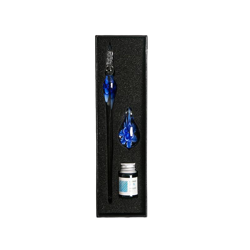 Crystal Flower Glass Dipping Dip Pen Writing Set Gift Pack Fountain Calligraphy - Blue