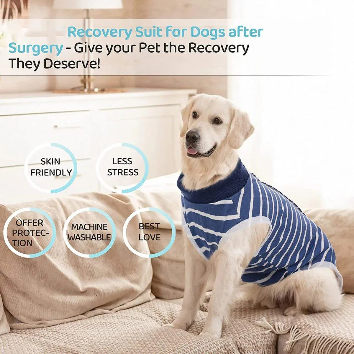 Dog Recovery Suit Anti-Lick Wound Protector Pet Clothing Post-Surgery Belly - Stripes-XL