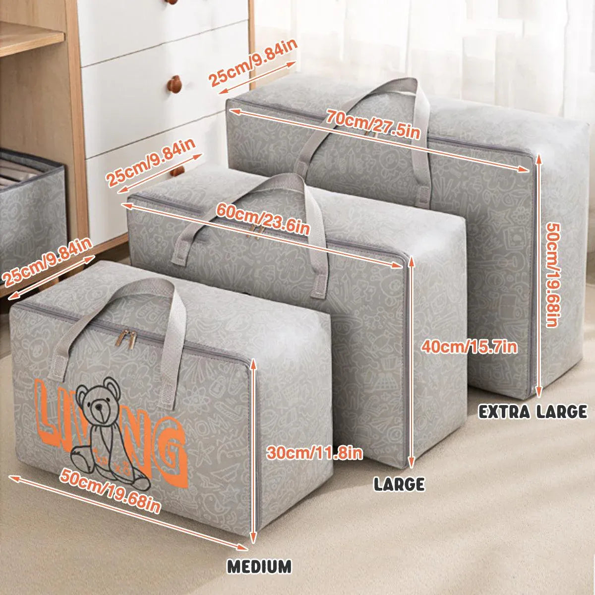 2pcs Cartoon Bear Luggage Organizer Storage Bags Blanket Quilt Closet Box Set - White-M