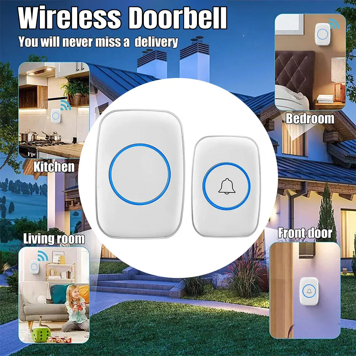 Wireless Doorbell Kit Home Call Button Remote Control White Waterproof Chime - White