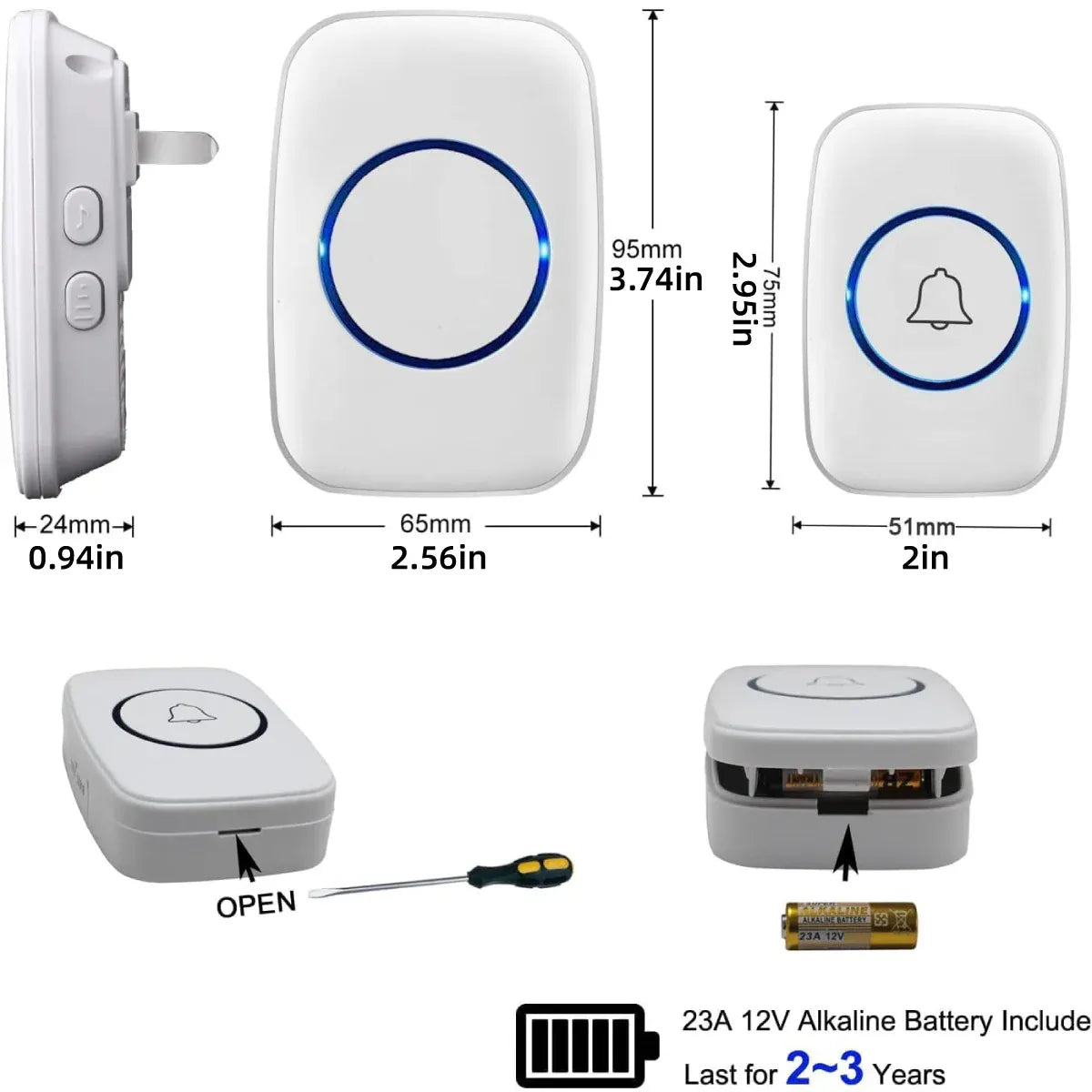 Wireless Doorbell Kit Home Call Button Remote Control White Waterproof Chime - White