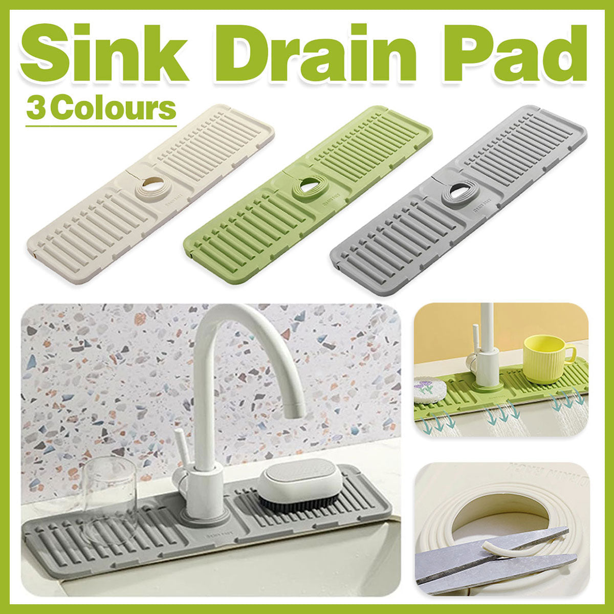 Faucet Draining Pad Narrow Sink Splash Guard Mat for Washbasin Water Catcher - Green