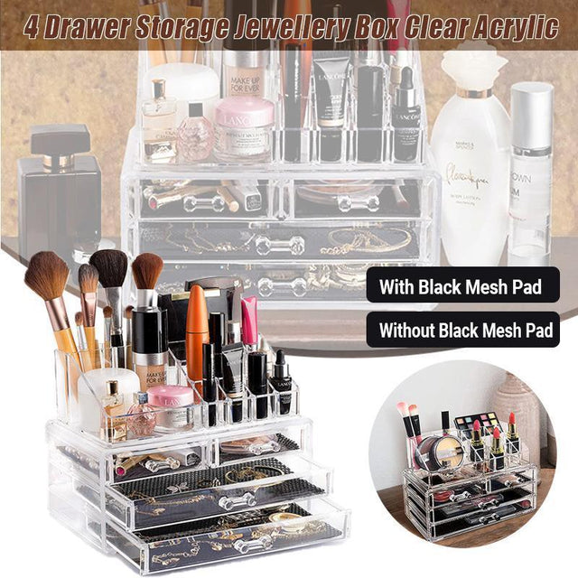Holder Cosmetic Makeup Organiser 4 Drawer Storage Jewellery Box Clear Acrylic - Without Black Mesh Pad