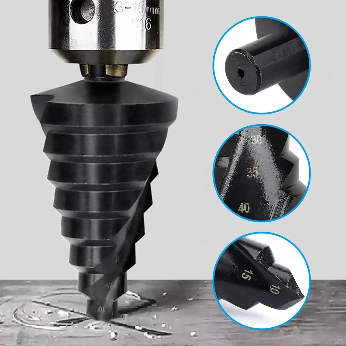Spiral Nitriding Step Drill Bit Multi Hole Cutter 10-45mm 8 Step Sizes Cutting