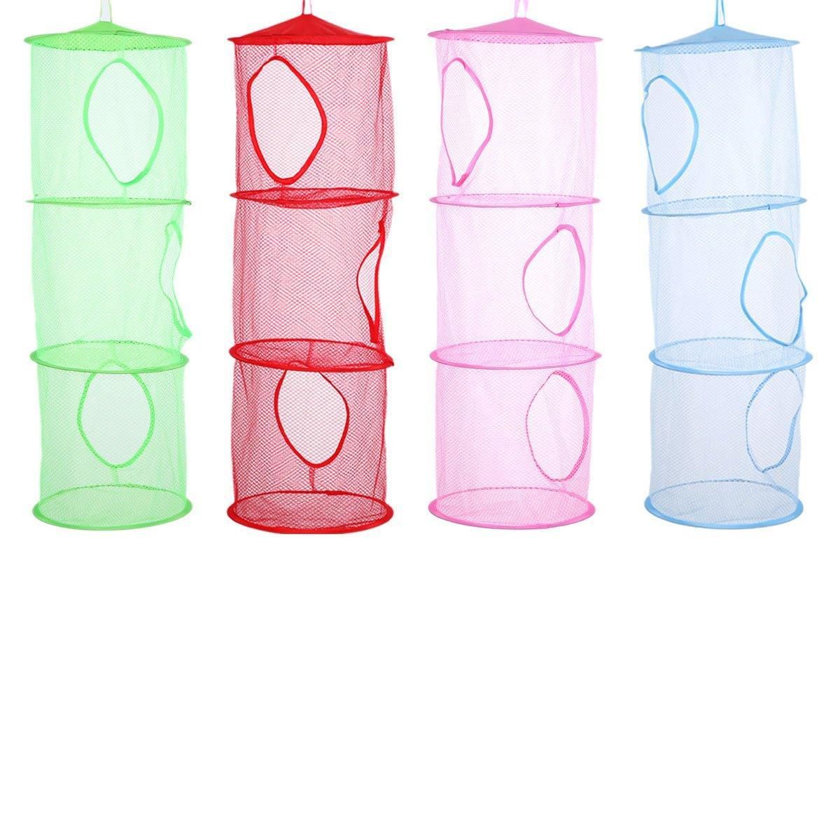 Foldable Clothes Drying Basket Three-layer Hanging Storage Breathable Organizer - Blue
