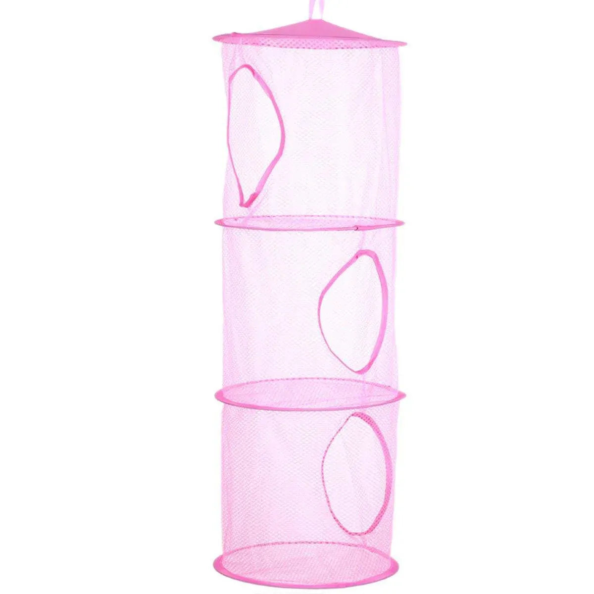 Foldable Clothes Drying Basket Three-layer Hanging Storage Breathable Organizer - Pink