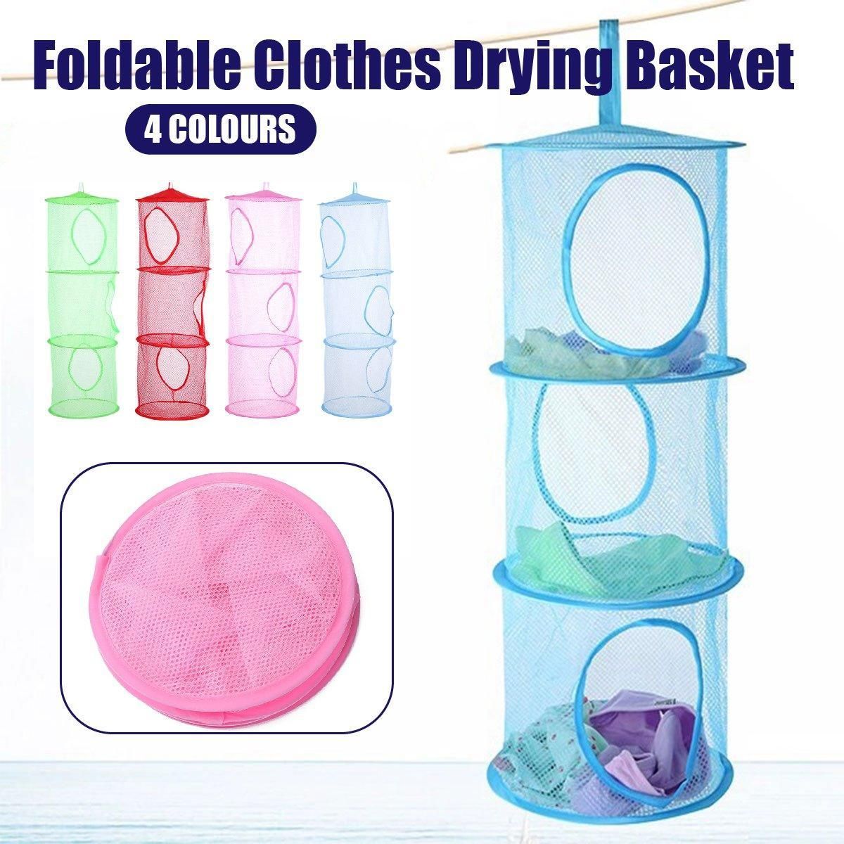 Foldable Clothes Drying Basket Three-layer Hanging Storage Breathable Organizer - Pink