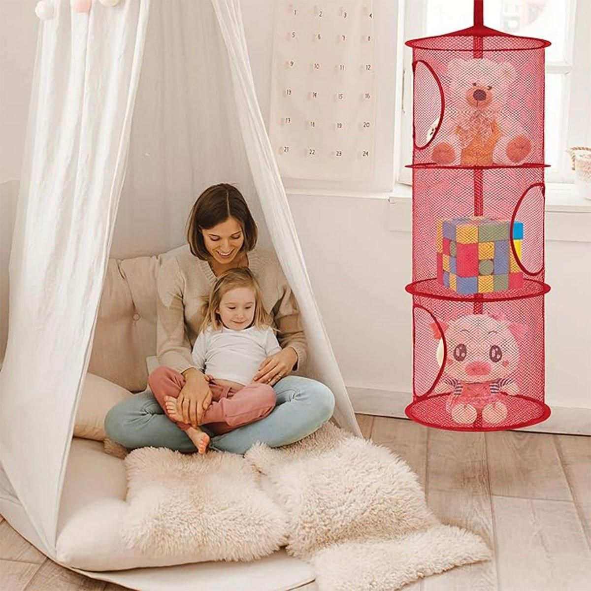 Foldable Clothes Drying Basket Three-layer Hanging Storage Breathable Organizer - Pink