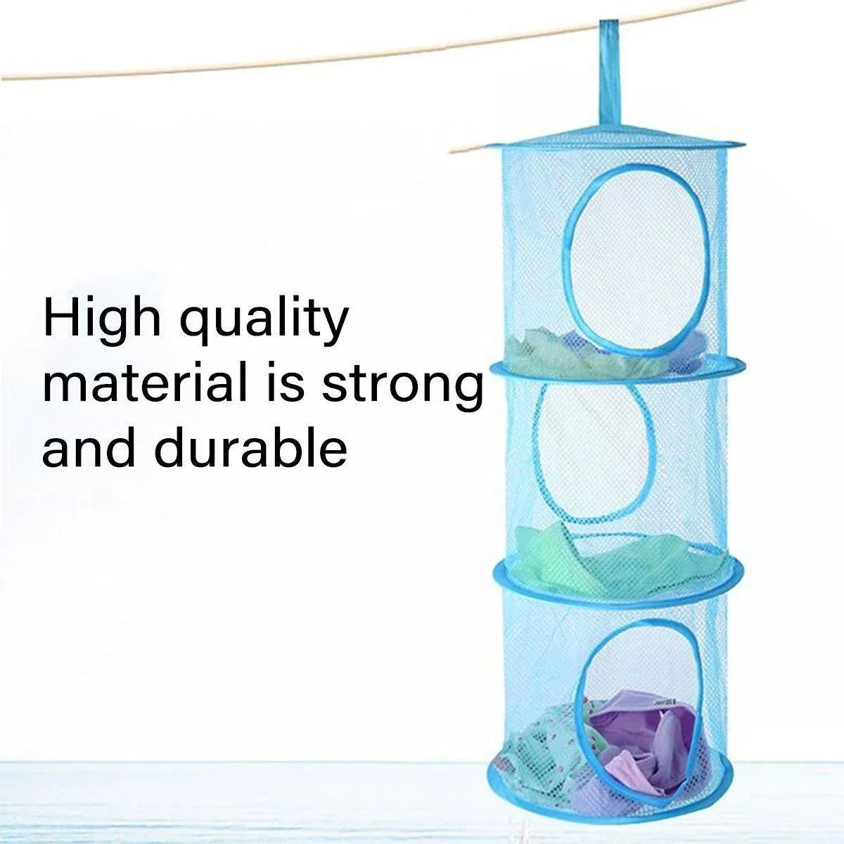 Foldable Clothes Drying Basket Three-layer Hanging Storage Breathable Organizer - Pink