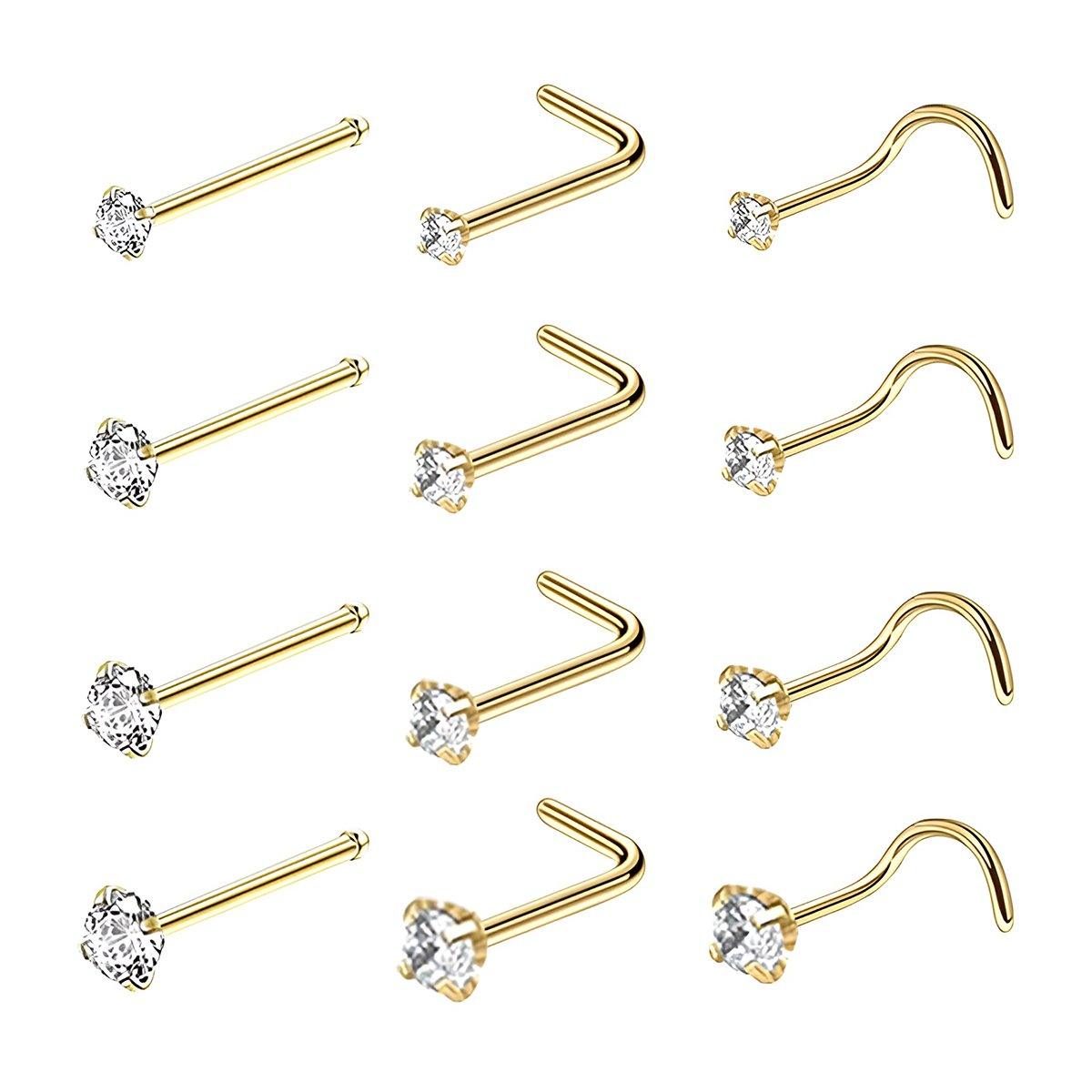 Stainless Steel Nosepiece with Gold Nose Stud Stylish Piercing Jewellery Women - S-Shaped Rod-2mm