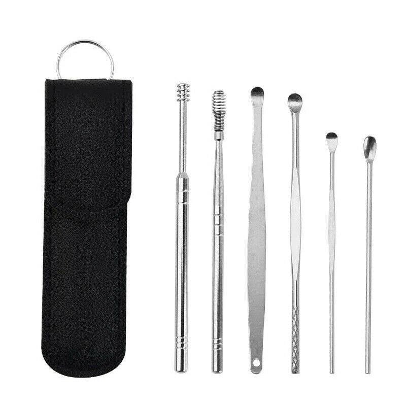 6Pcs Stainless Steel Ear Pick Curette Wax Cleaner Earpick Remover Earwax Removal - Brown