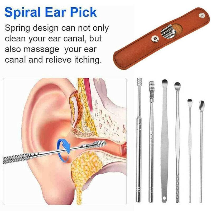 6Pcs Stainless Steel Ear Pick Curette Wax Cleaner Earpick Remover Earwax Removal - Yellow