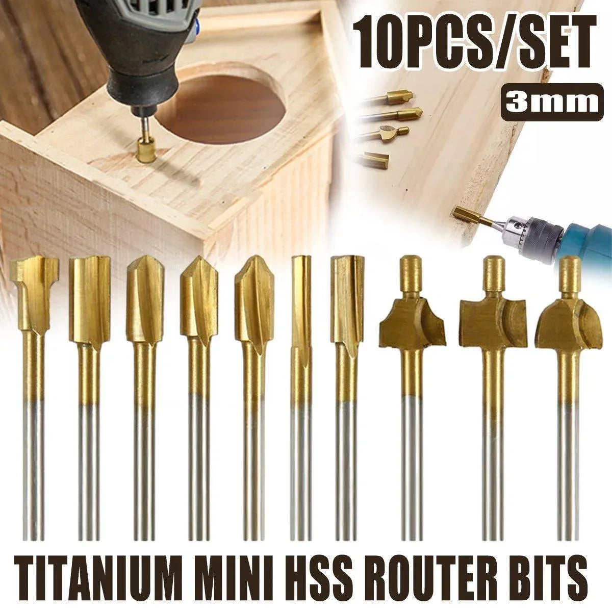 10Pcs/Set 3mm Titanium Mini HSS Router Bits Trimmer Shank For Rotary Tool