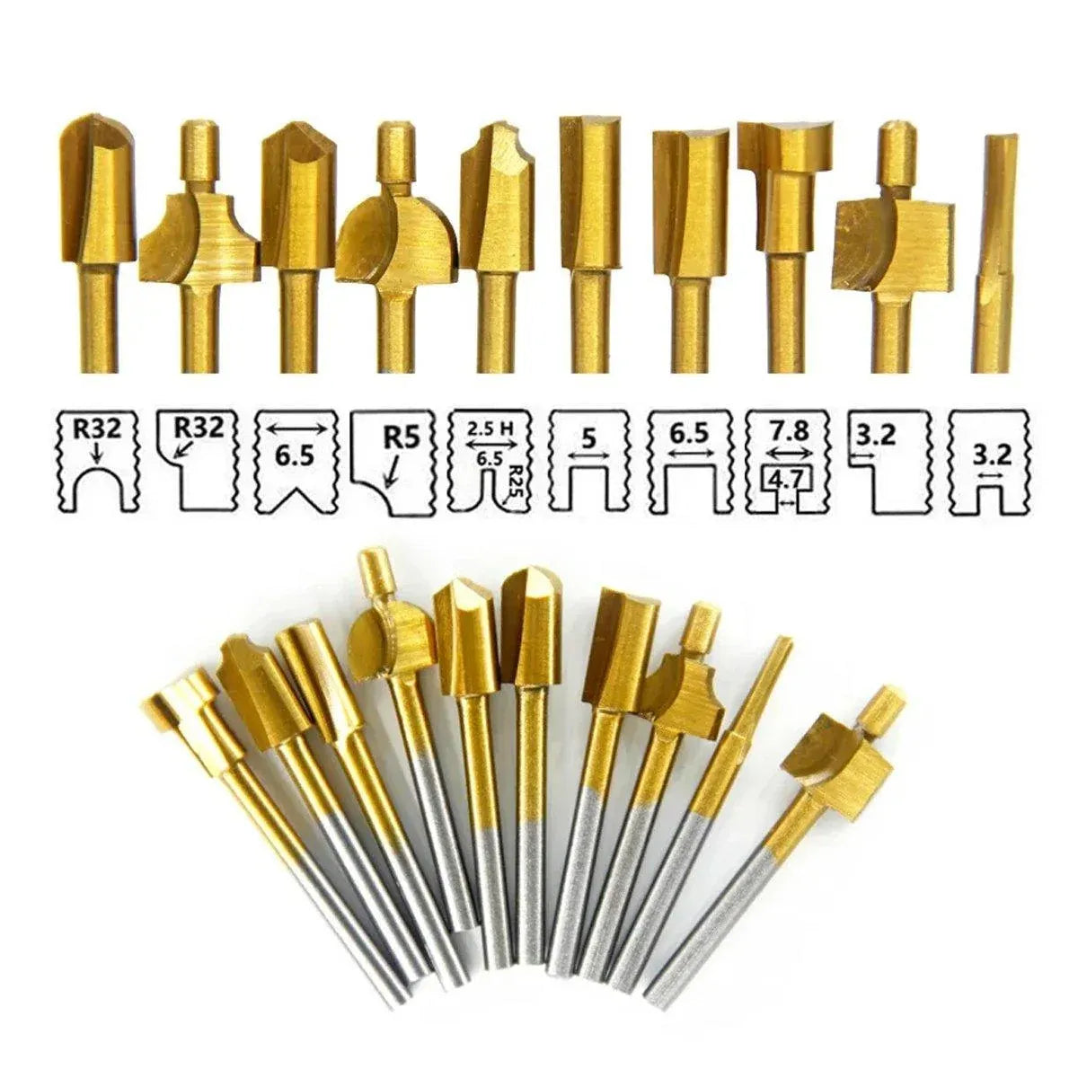 10Pcs/Set 3mm Titanium Mini HSS Router Bits Trimmer Shank For Rotary Tool