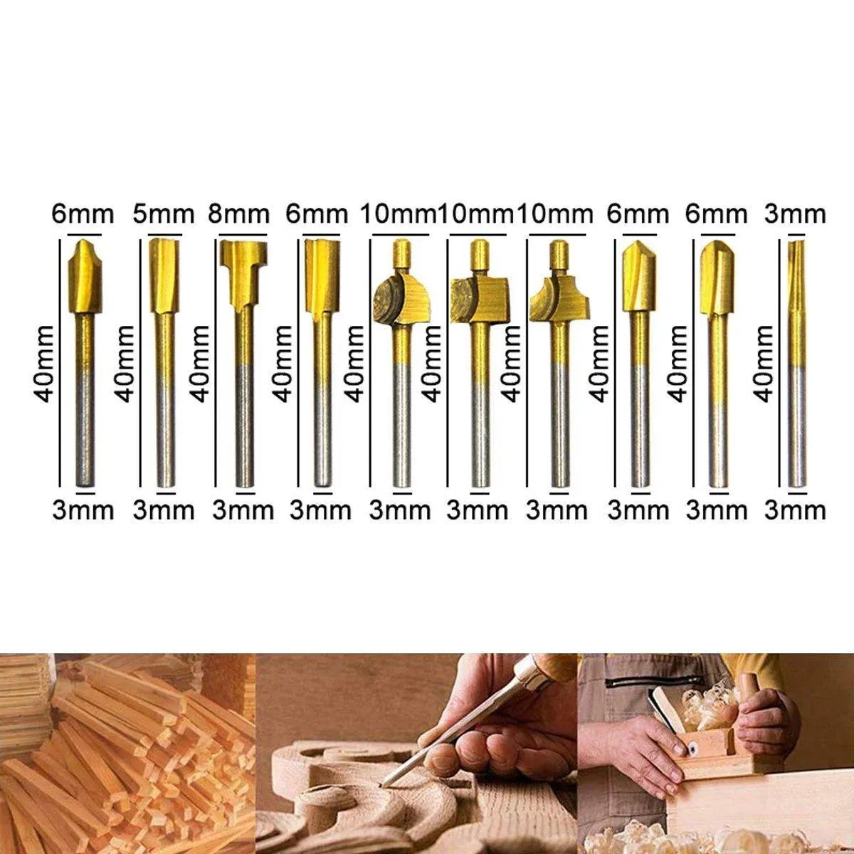 10Pcs/Set 3mm Titanium Mini HSS Router Bits Trimmer Shank For Rotary Tool