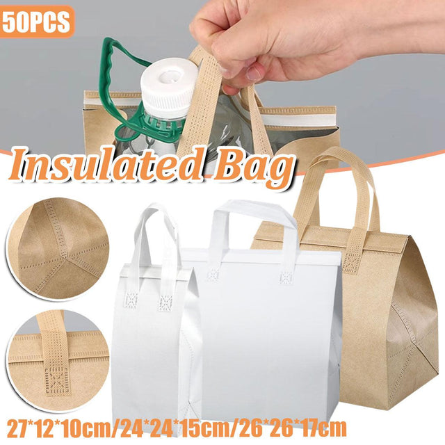 50pcs Thermal Insulation Packing Bag Non Woven Milk Tea Food 24x24x15cm Kraft