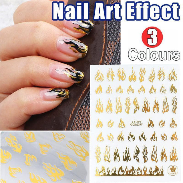 3D Flame Nail Stickers Fire Design Manicure Decals Self Adhesive Art Sheet Gold