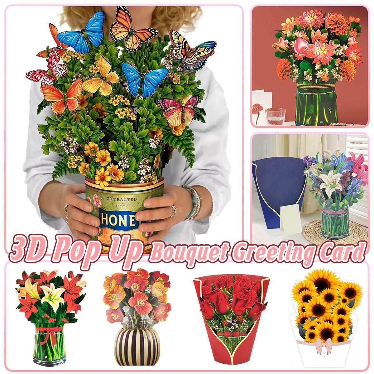 New Style 3D Pop Up Cards Paper Flower Bouquet Greeting Card for All Occasions - Flower Butterfly