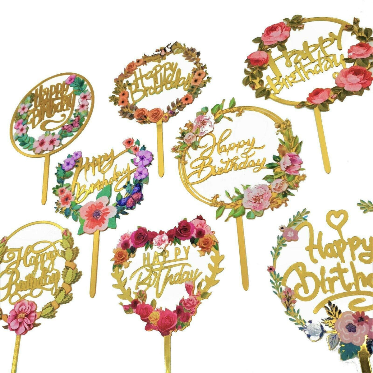 Happy Birthday Anniversary Wedding Cake Flowers Topper Acrylic Party Decorations - NO.11