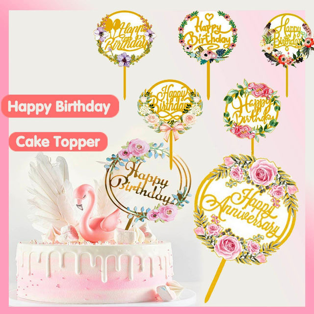 Happy Birthday Anniversary Cake Flowers Topper Acrylic NO.03