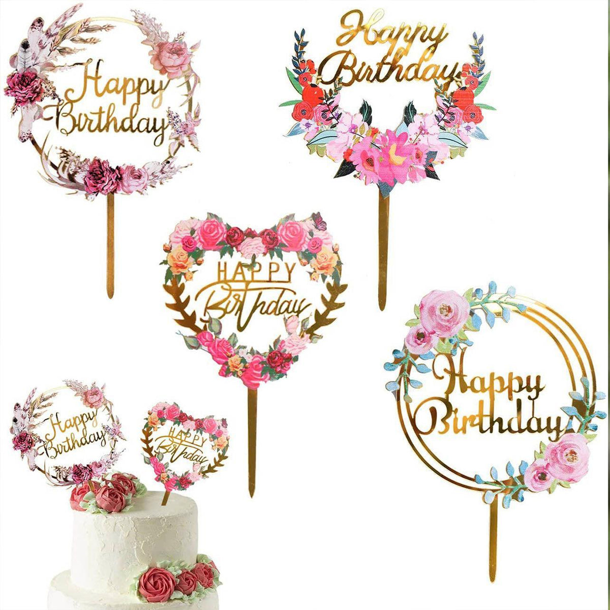 Happy Birthday Anniversary Wedding Cake Flowers Topper Acrylic Party Decorations - NO.06