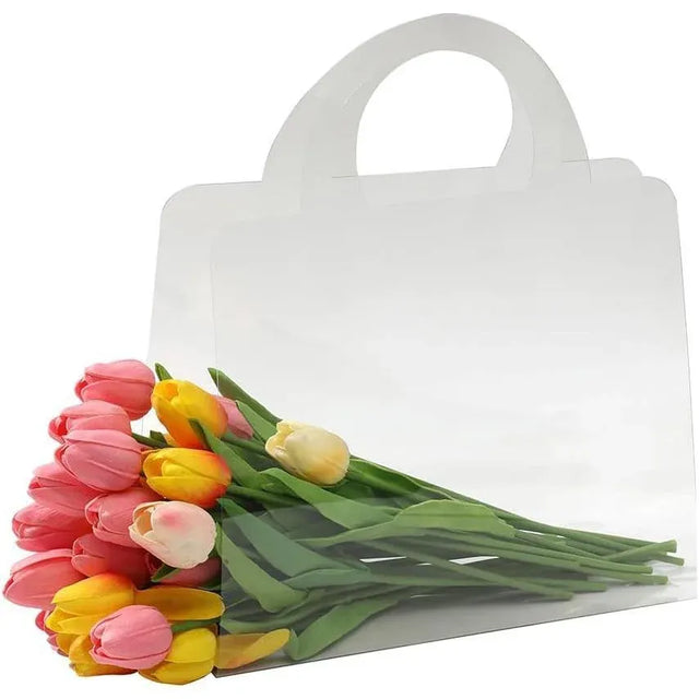 10pcs Transparent Flower Handbags Clear PET Bouquet Holder Gift Bags - Square