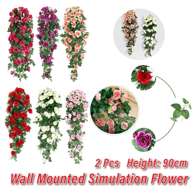 2PCS Artificial Rose Flower Garland Hanging Vine Home Wall Decor Fake Rattan - Rose Red