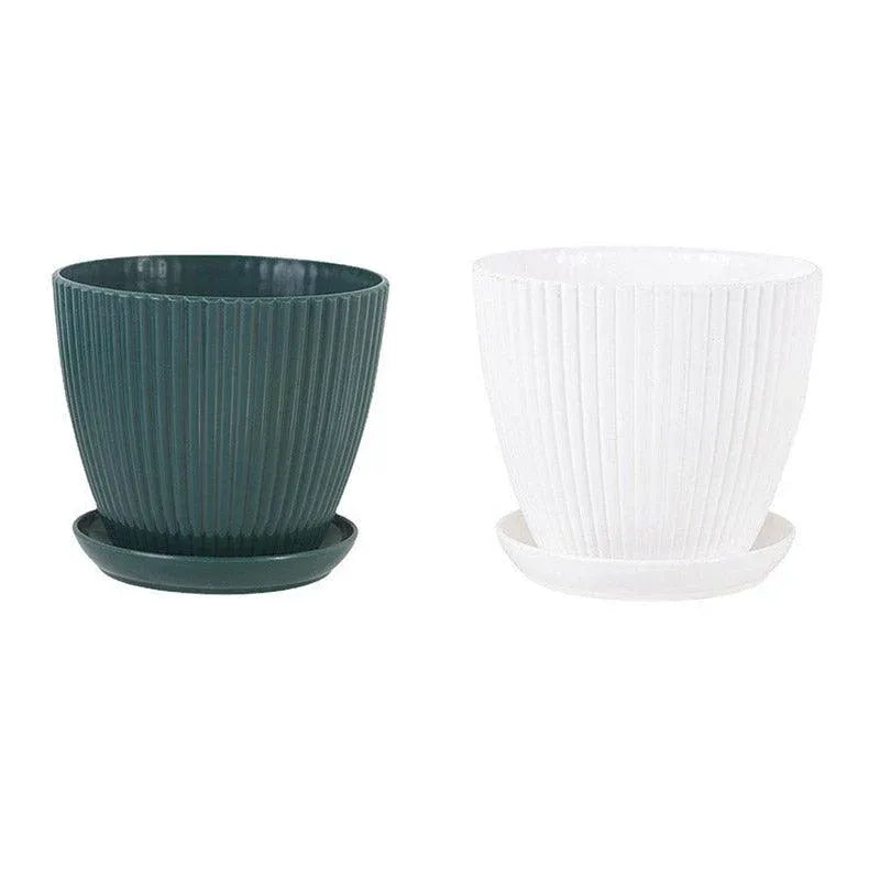6PCS Simple Plastic Round Plant Pots Vertical Stripes Flower Pot Green Gardening - White