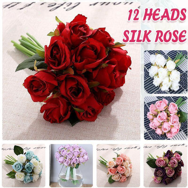 12 Heads Silk Rose Artificial Flowers Fake Bouquet - Champagne