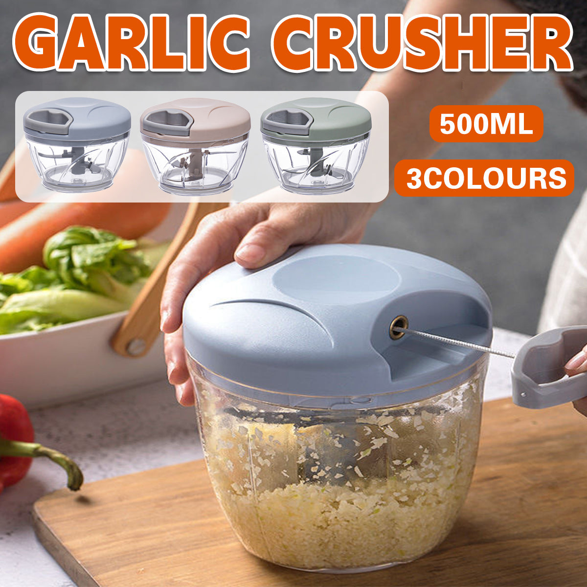 500ml Manual Meat Mincer Garlic Chopper Rotate Garlic Press Crusher Vegetable - Pink