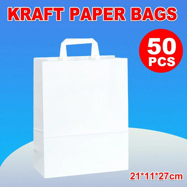 50pcs White Kraft Paper Tote Bags Gift Bags for Packaging Shopping and Storage