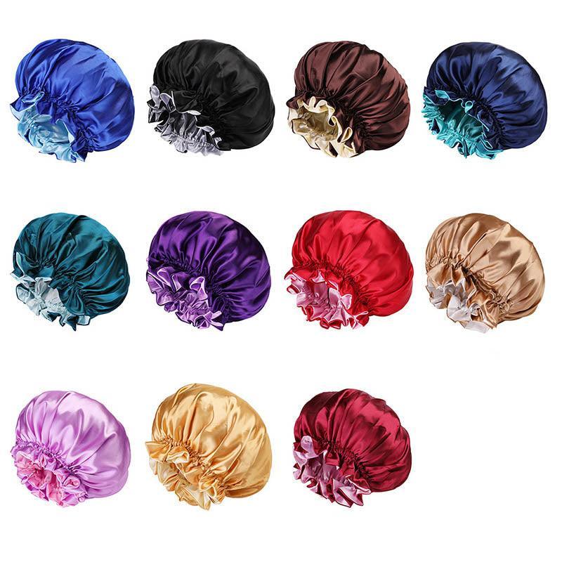 Womens Satin Sleep Cap Bonnet Elastic Wide Band Hair Sleeping Hat - Gold