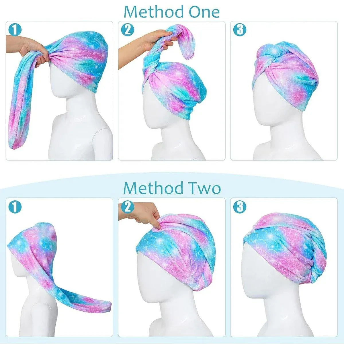2PCS Mermaid Microfiber Hair Drying Cap Quick-Dry Soft Shower Hat