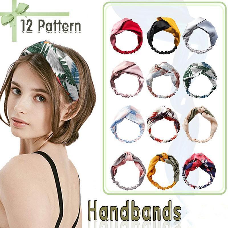 Women Chiffon Floral Print Headband Fashion Bohemian Elastic Cross Hair Bands - A-Green