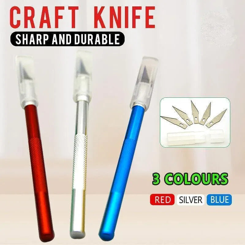 Craft Knife with 5 Blades Metal Handle Cutter Engraving Hobby Scalpel Tool - Red