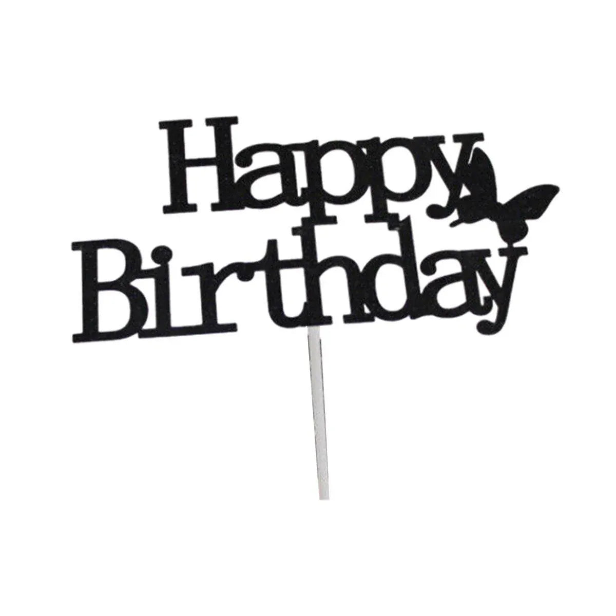 Happy Birthday Cake Topper Colour Printed Acrylic Party Decorations - Black-Butterfly