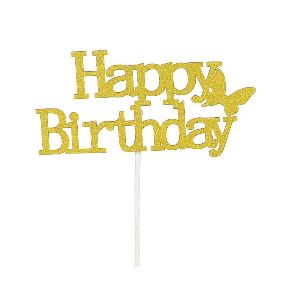 Happy Birthday Cake Topper Colour Printed Acrylic Party Decorations - Gold-Butterfly