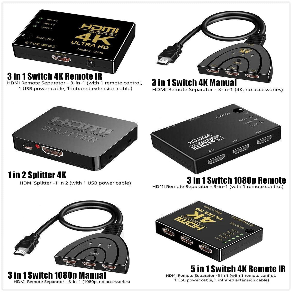 HDMI Switch Splitter 3-in-1 5-in-1 or 1-in-2 1080p 4K Manual or Remote Options - 3 in 1 Switch 1080p Manual
